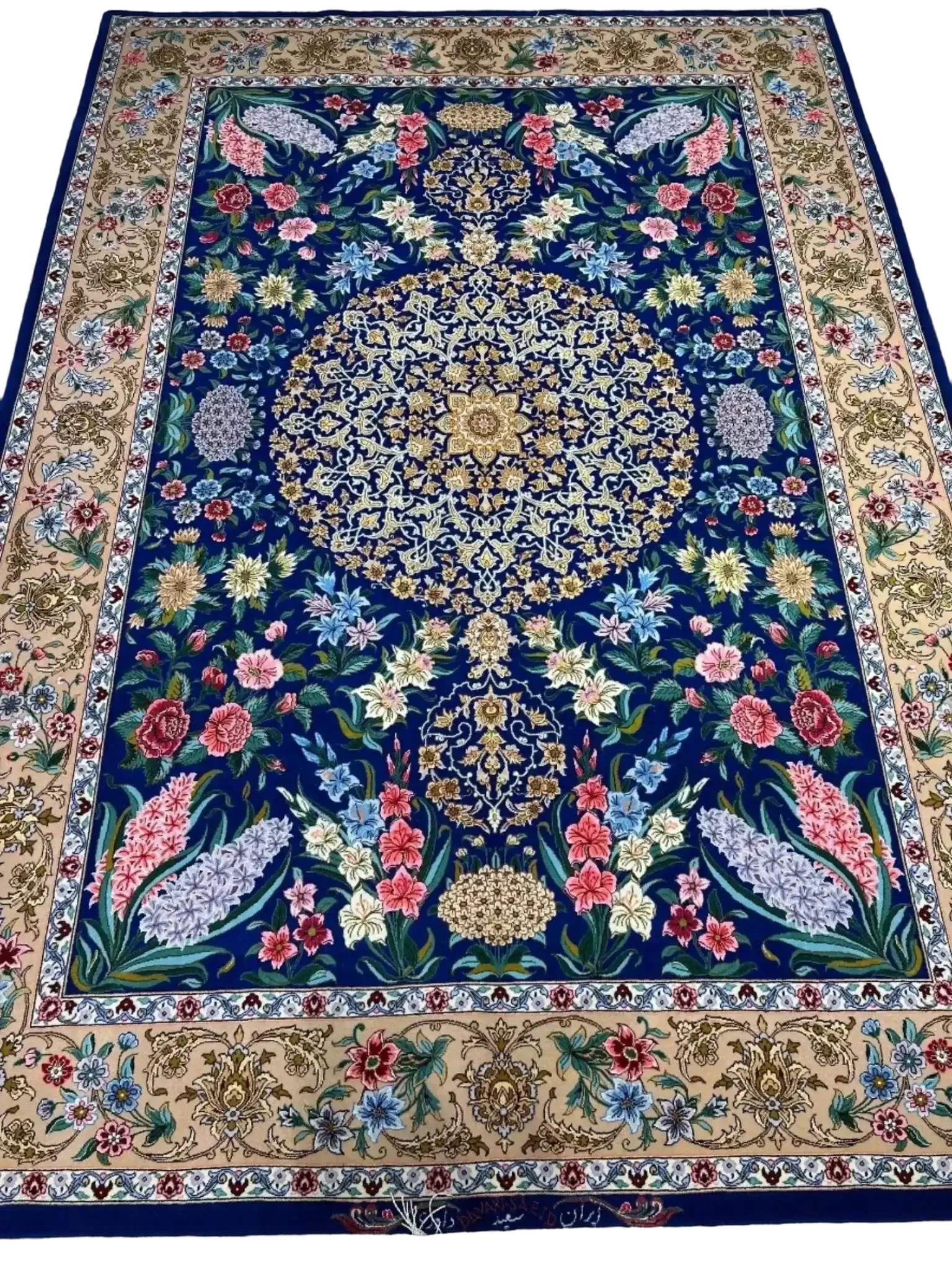 "Exclusive blue Persian rug for sale, crafted with high-quality wool and silk fibers, hand-knotted in Isfahan, Iran."